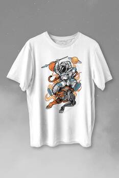 Aslan Üstünde Mızraklı Savaşçı Astronot Uzay Baskılı Tişört Unisex T-shirt - 1