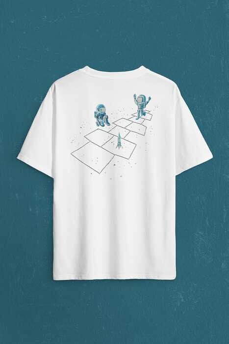Astronot Dans Uzay Cosmos Space Galaksi Gezegen Sırt Ön Baskılı Oversize Tişört Unisex T-Shirt - 2