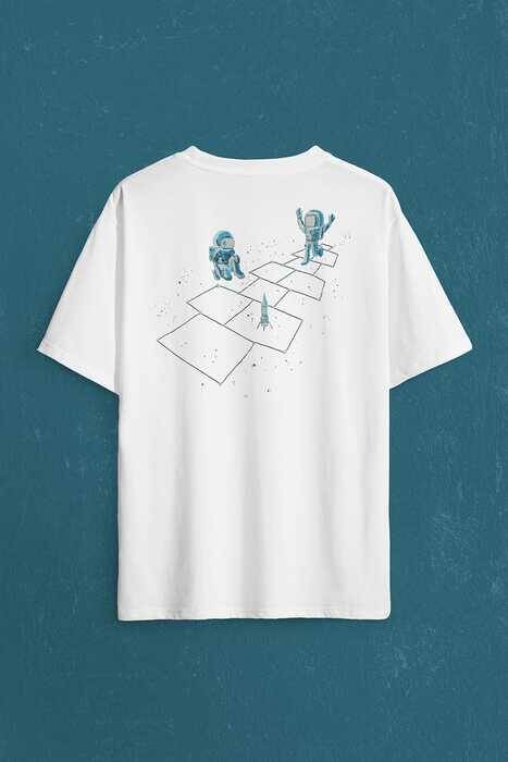Astronot Dans Uzay Cosmos Space Galaksi Gezegen Sırt Ön Baskılı Oversize Tişört Unisex T-Shirt - 2