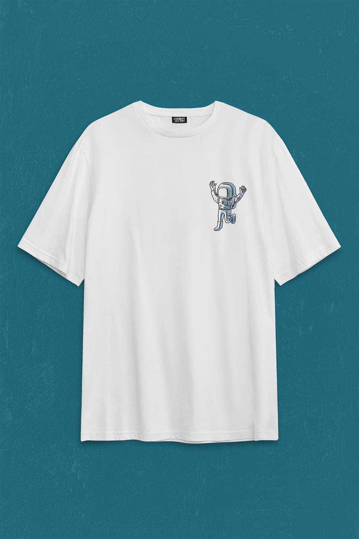 Astronot Dans Uzay Cosmos Space Galaksi Gezegen Sırt Ön Baskılı Oversize Tişört Unisex T-Shirt