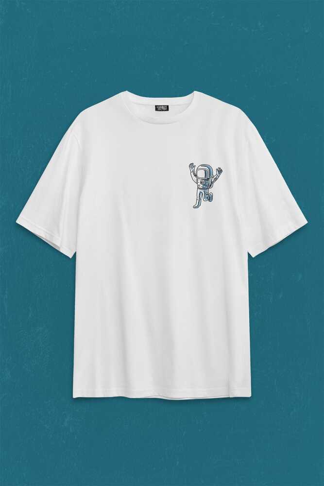 Astronot Dans Uzay Cosmos Space Galaksi Gezegen Sırt Ön Baskılı Oversize Tişört Unisex T-Shirt