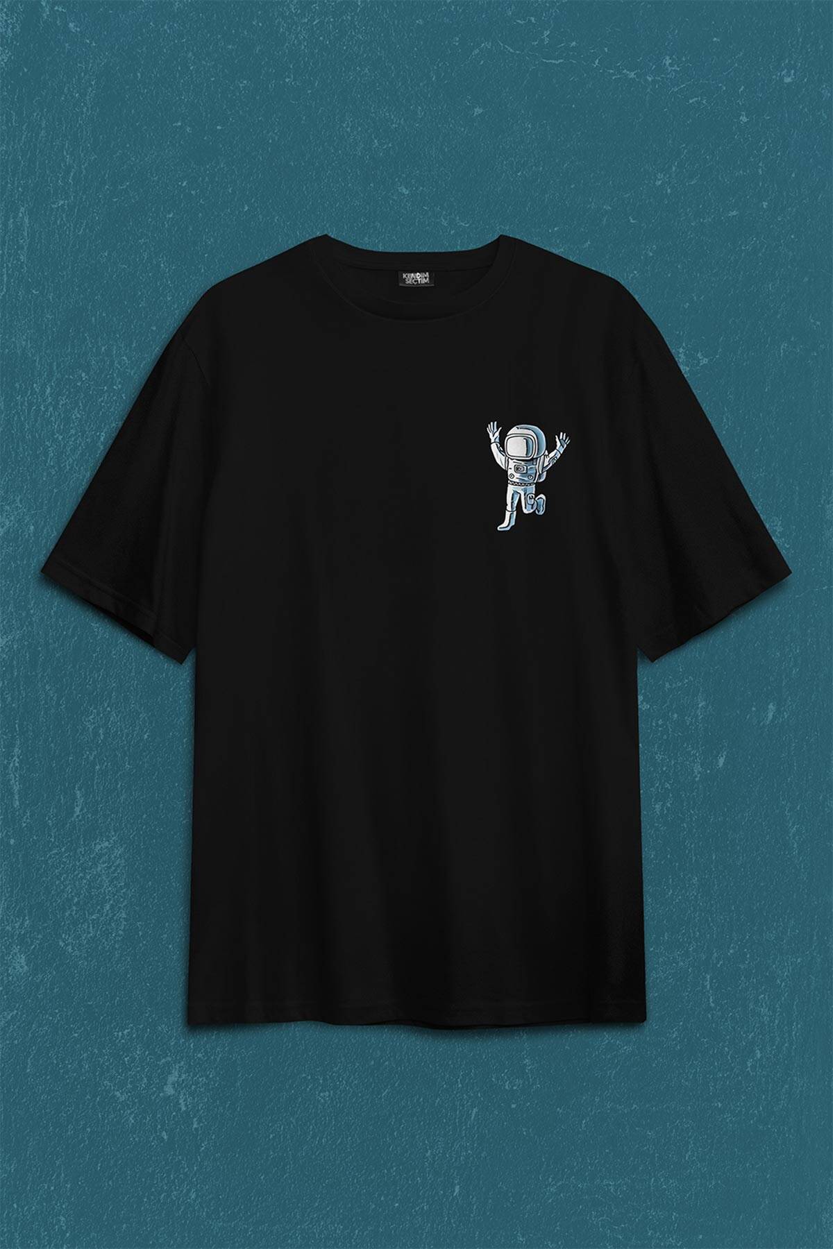 Astronot Dans Uzay Cosmos Space Galaksi Gezegen Sırt Ön Baskılı Oversize Tişört Unisex T-Shirt
