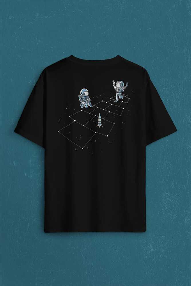 Astronot Dans Uzay Cosmos Space Galaksi Gezegen Sırt Ön Baskılı Oversize Tişört Unisex T-Shirt (1)