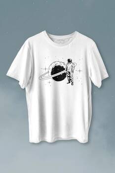 Astronot Satürn Halkaları Uzay Cosmos Galaksi Baskılı Tişört Unisex T-shirt - 1