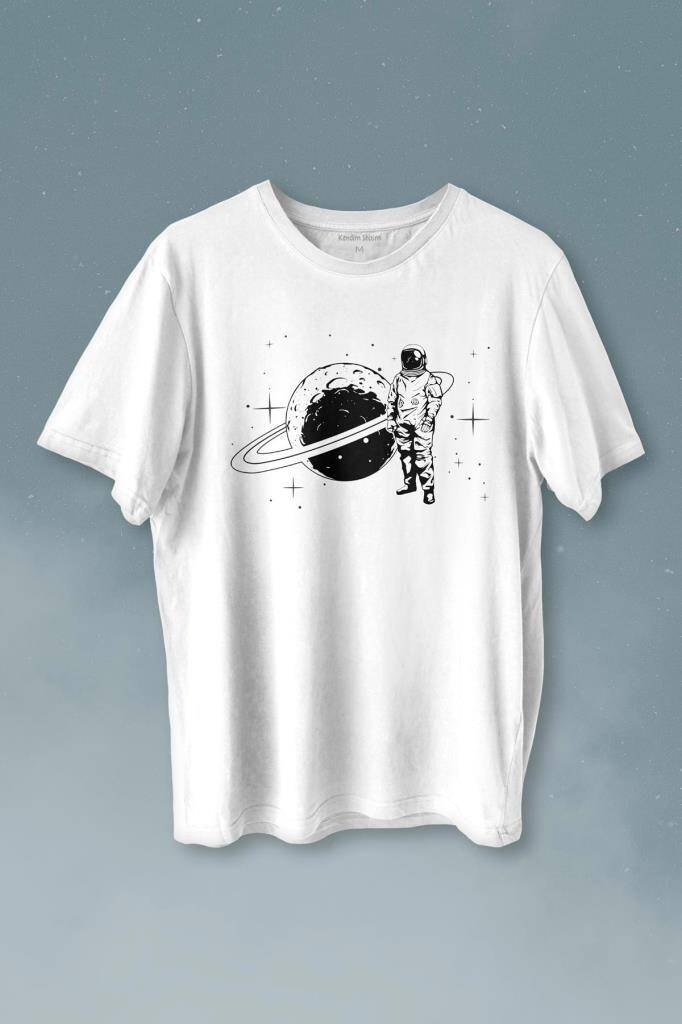 Astronot Satürn Halkaları Uzay Cosmos Galaksi Baskılı Tişört Unisex T-shirt - 1
