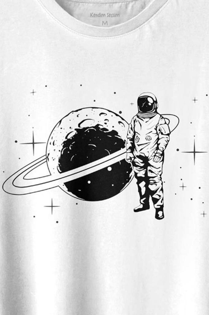 Astronot Satürn Halkaları Uzay Cosmos Galaksi Baskılı Tişört Unisex T-shirt - 2