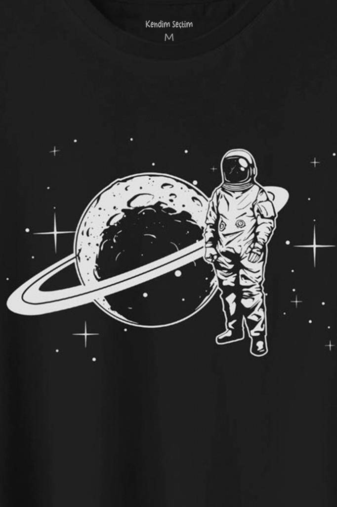 Astronot Satürn Halkaları Uzay Cosmos Galaksi Baskılı Tişört Unisex T-Shirt - 2