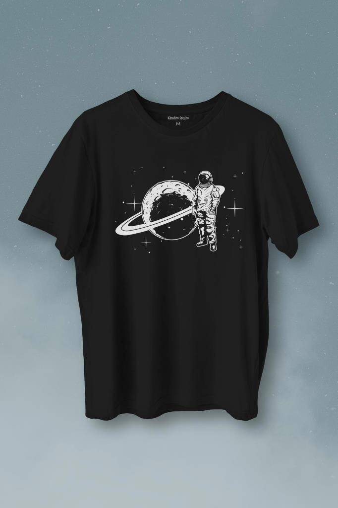 Astronot Satürn Halkaları Uzay Cosmos Galaksi Baskılı Tişört Unisex T-Shirt - 1