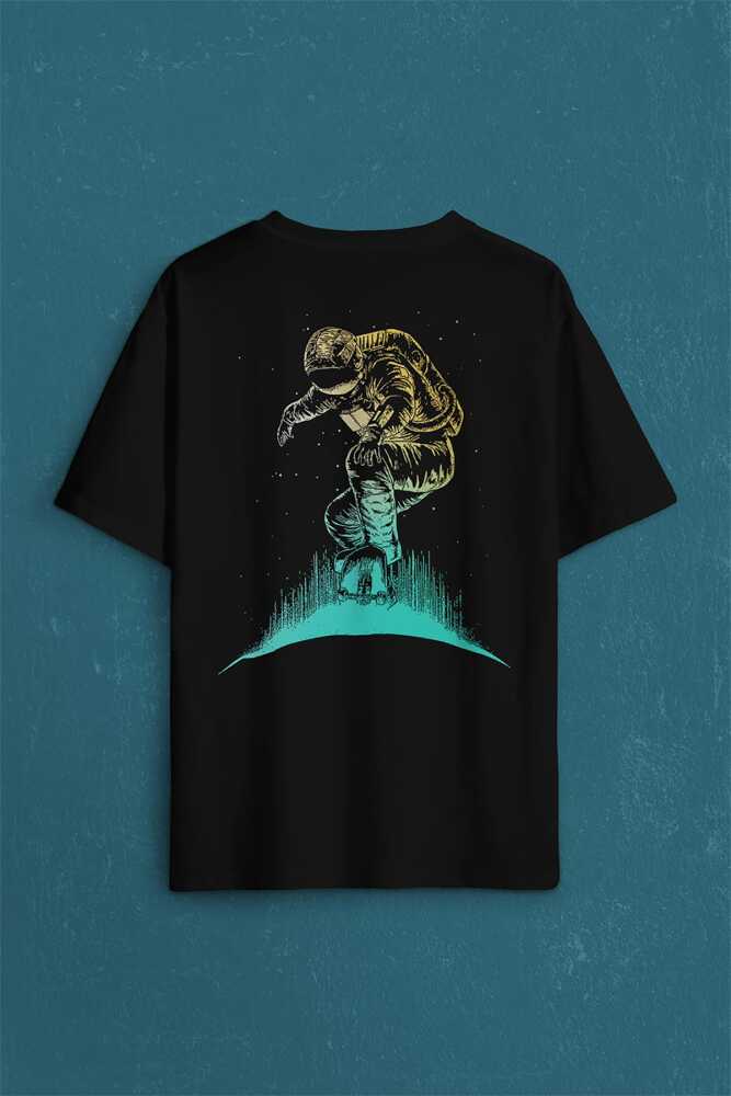 Astronot Uzay Cosmos Ay Dünya Gezegen Galaksi Sırt Ön Baskılı Oversize Tişört Unisex T-Shirt - 1