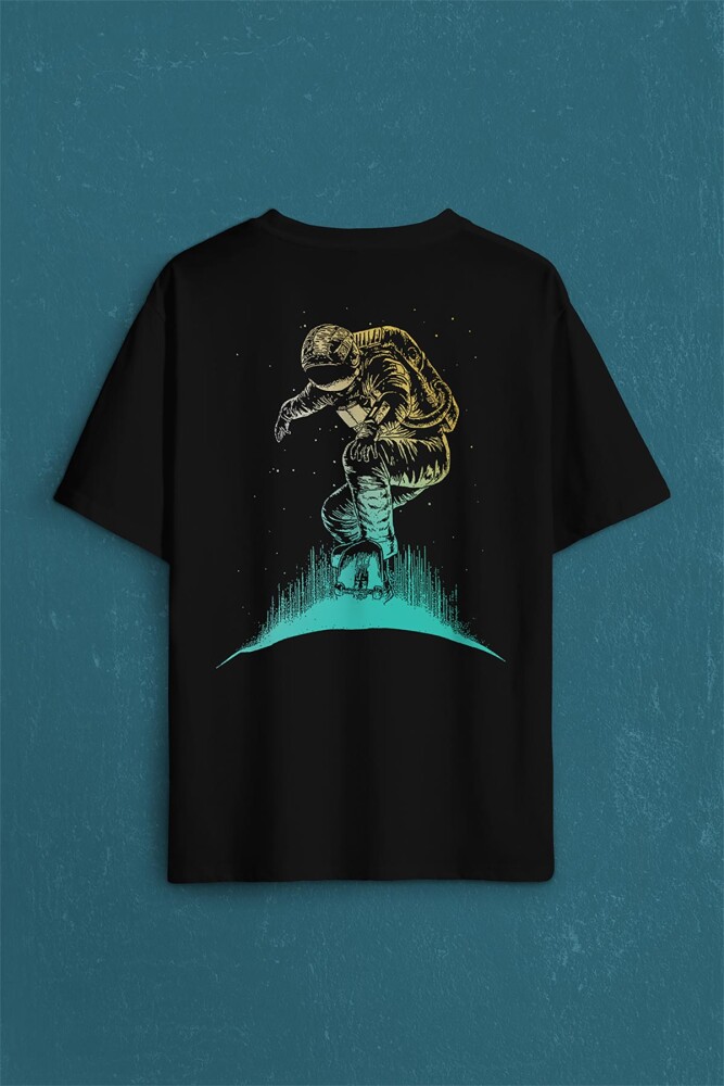 Astronot Uzay Cosmos Ay Dünya Gezegen Galaksi Sırt Ön Baskılı Oversize Tişört Unisex T-Shirt - 1
