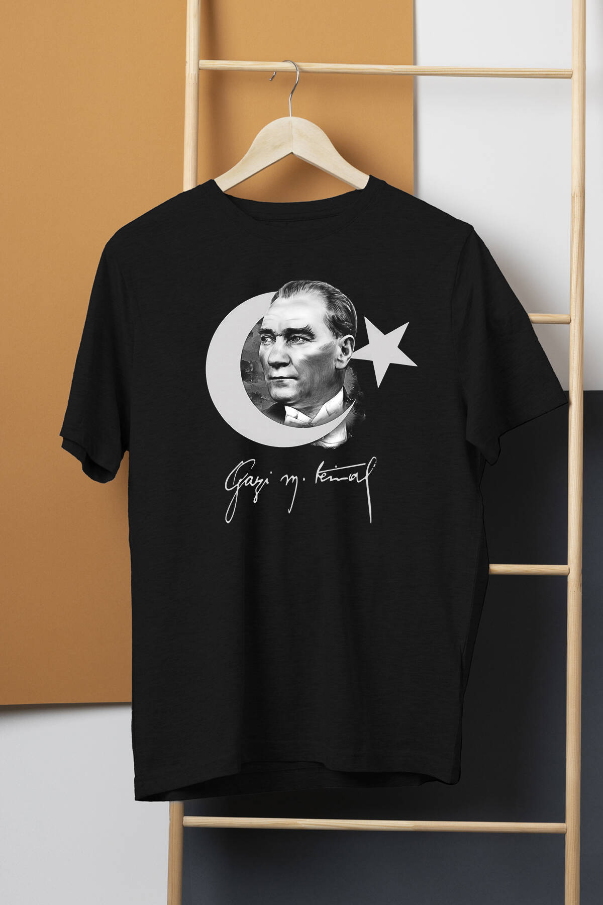 Atatürk Gazi Mustafa Kemal 10 Kasım Türk Bayrağı Baskılı Siyah T-shirt Unisex Tişört - 1
