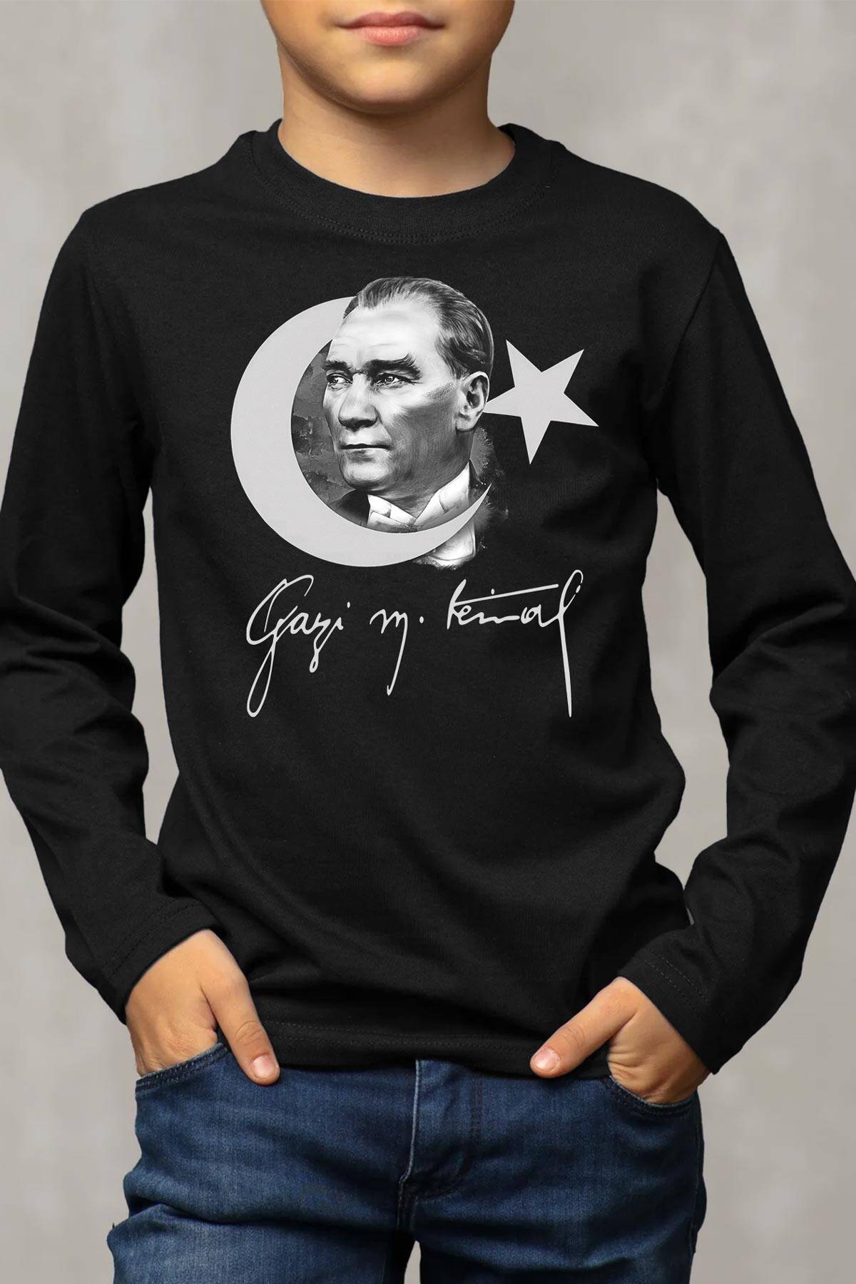 Atatürk Gazi Mustafa Kemal 10 Kasım Türk Bayrağı Baskılı Uzun Kollu Siyah Çocuk Tişört - 1
