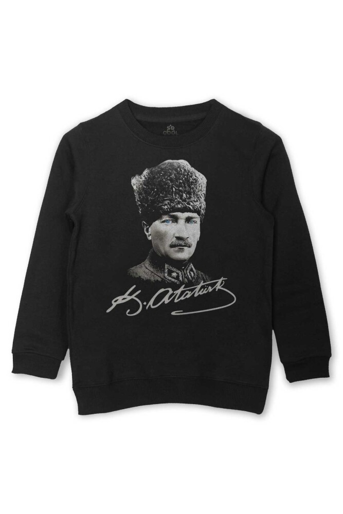 Atatürk Gazi Mustafa Kemal Kalpaklı Baskılı Çocuk Sweatshirt Siyah Sweat - So Cool