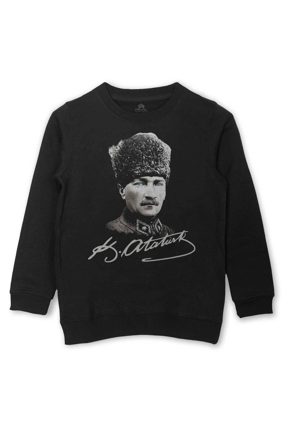 Atatürk Gazi Mustafa Kemal Kalpaklı Baskılı Çocuk Sweatshirt Siyah Sweat - 1