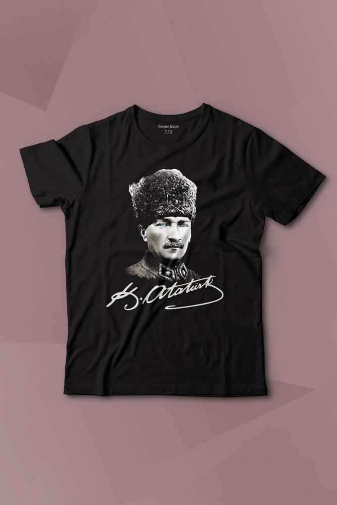 Atatürk Gazi Mustafa Kemal Kalpaklı Baskılı Çocuk Tişört Kısa Kollu - 1