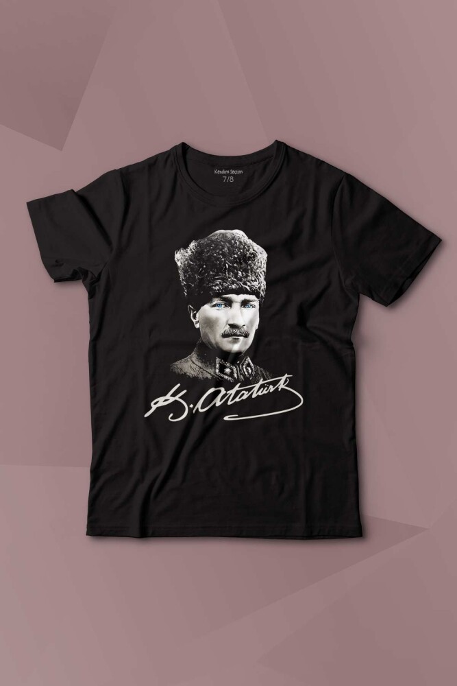 Atatürk Gazi Mustafa Kemal Kalpaklı Baskılı Çocuk Tişört Kısa Kollu - 1