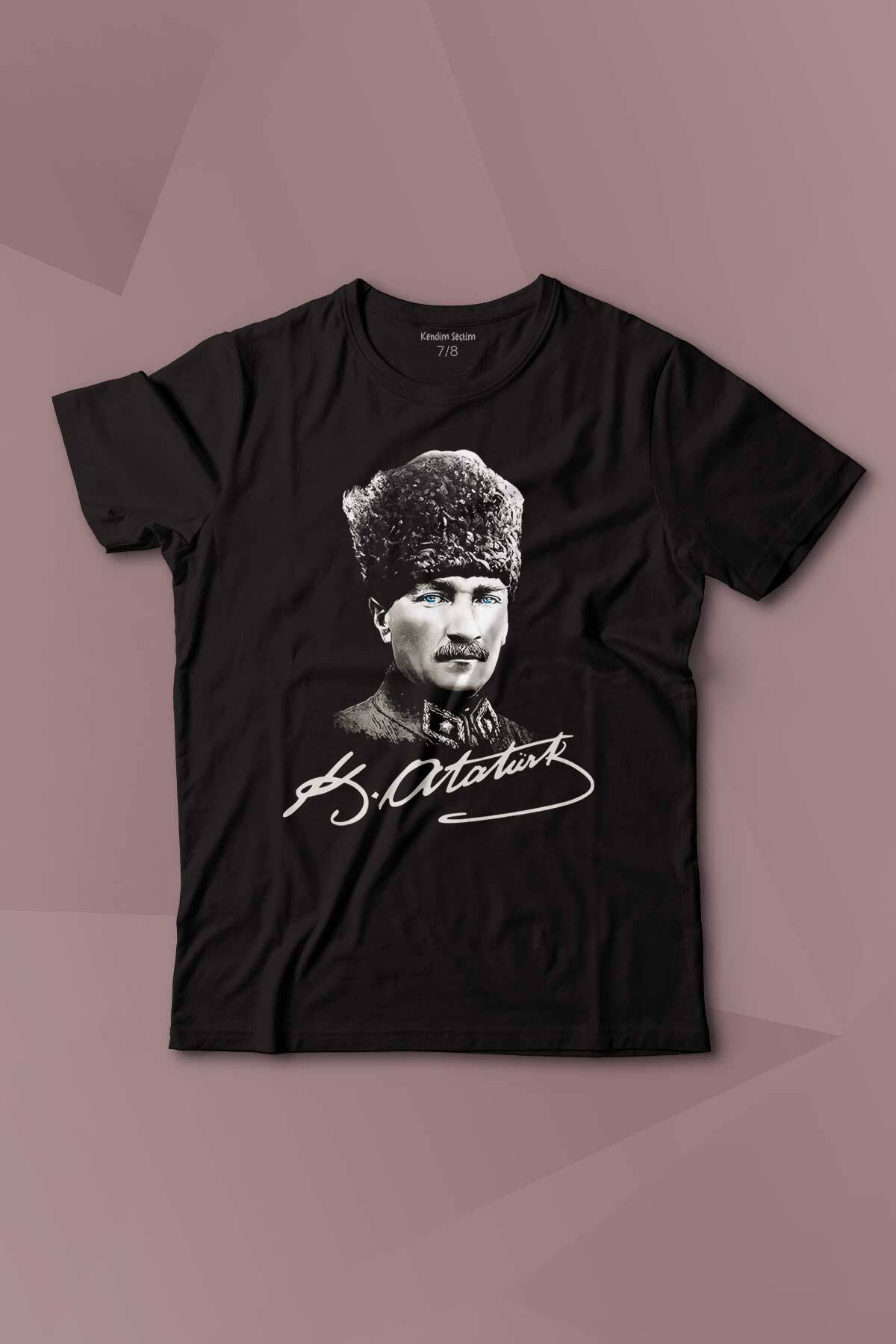 Atatürk Gazi Mustafa Kemal Kalpaklı Baskılı Çocuk Tişört Kısa Kollu - 1