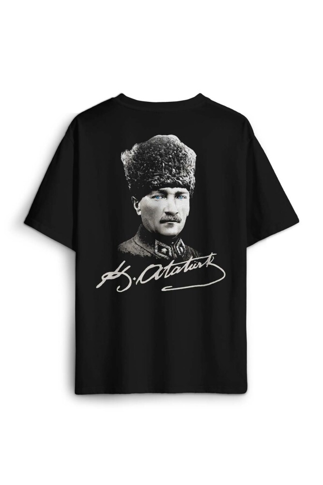 Atatürk Gazi Mustafa Kemal Kalpaklı Sırt Ön Baskılı Oversize Tişört Unisex T-Shirt - 1