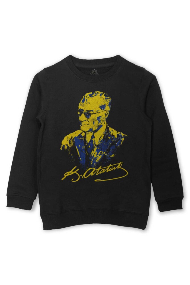 Atatürk Sarı Lacivert Baskılı Çocuk Sweatshirt Siyah Sweat - So Cool