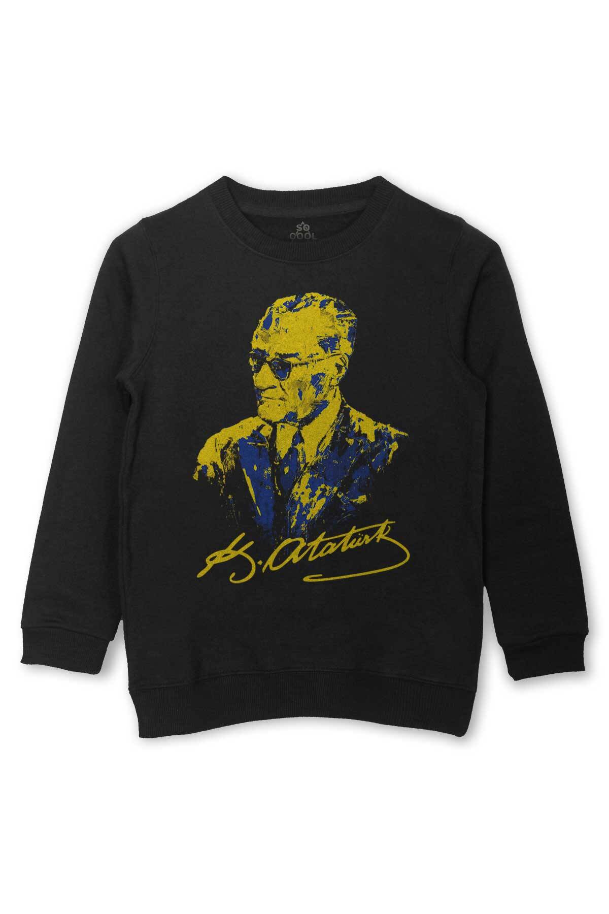 Atatürk Sarı Lacivert Baskılı Çocuk Sweatshirt Siyah Sweat - 1