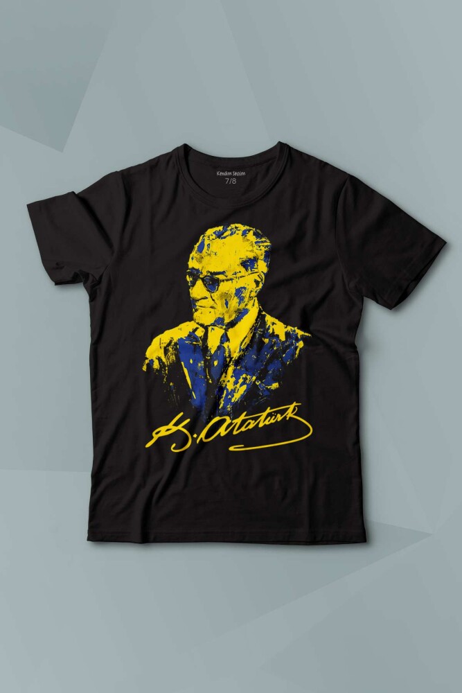 Atatürk Sarı Lacivert Baskılı Çocuk Tişört Kısa Kollu - KENDİM SEÇTİM