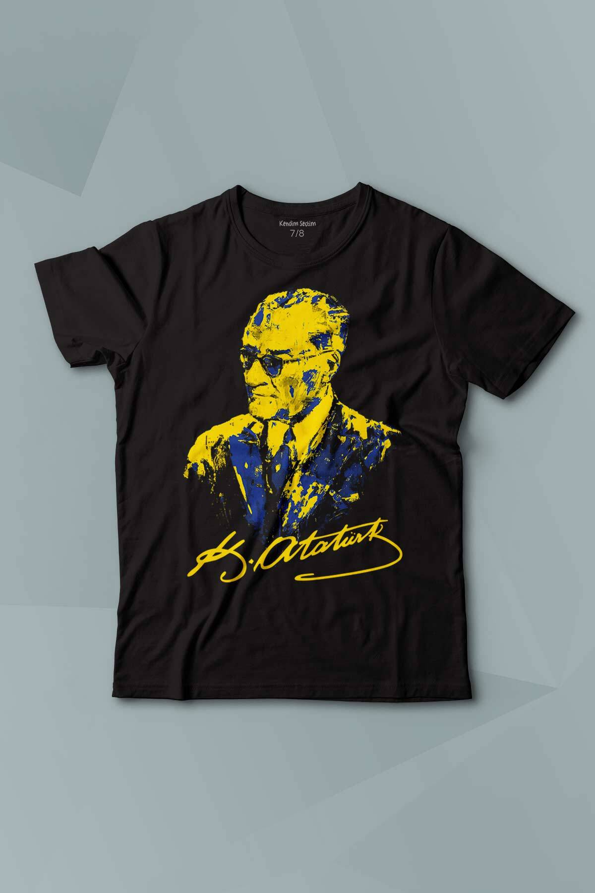 Atatürk Sarı Lacivert Baskılı Çocuk Tişört Kısa Kollu - 1