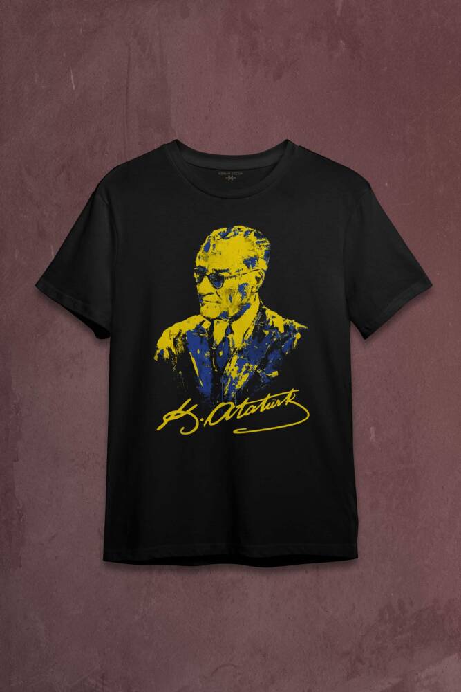 Atatürk Sarı Lacivert Baskılı Tişört Unisex T-shirt - 1