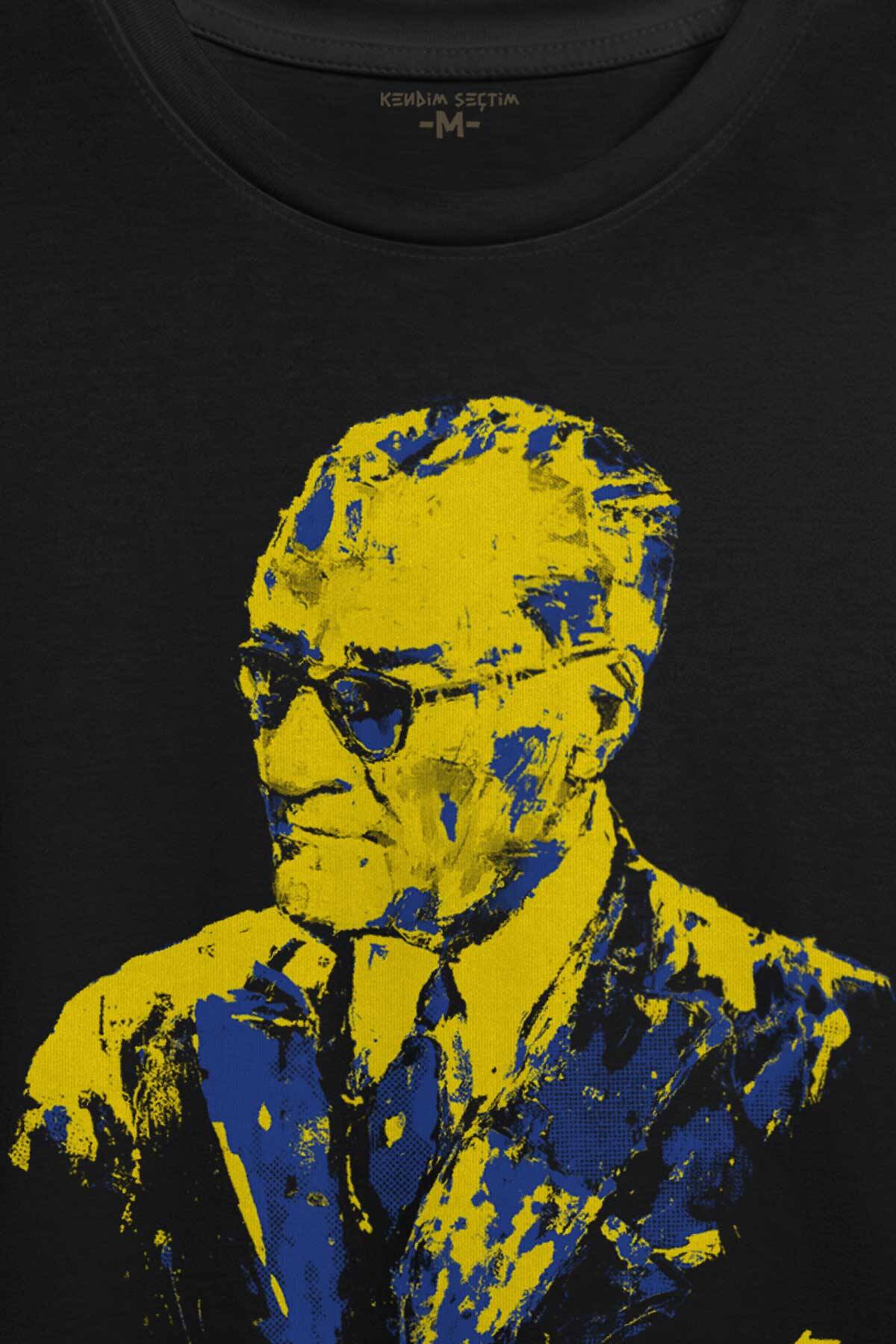 Atatürk Sarı Lacivert Baskılı Tişört Unisex T-shirt - 2