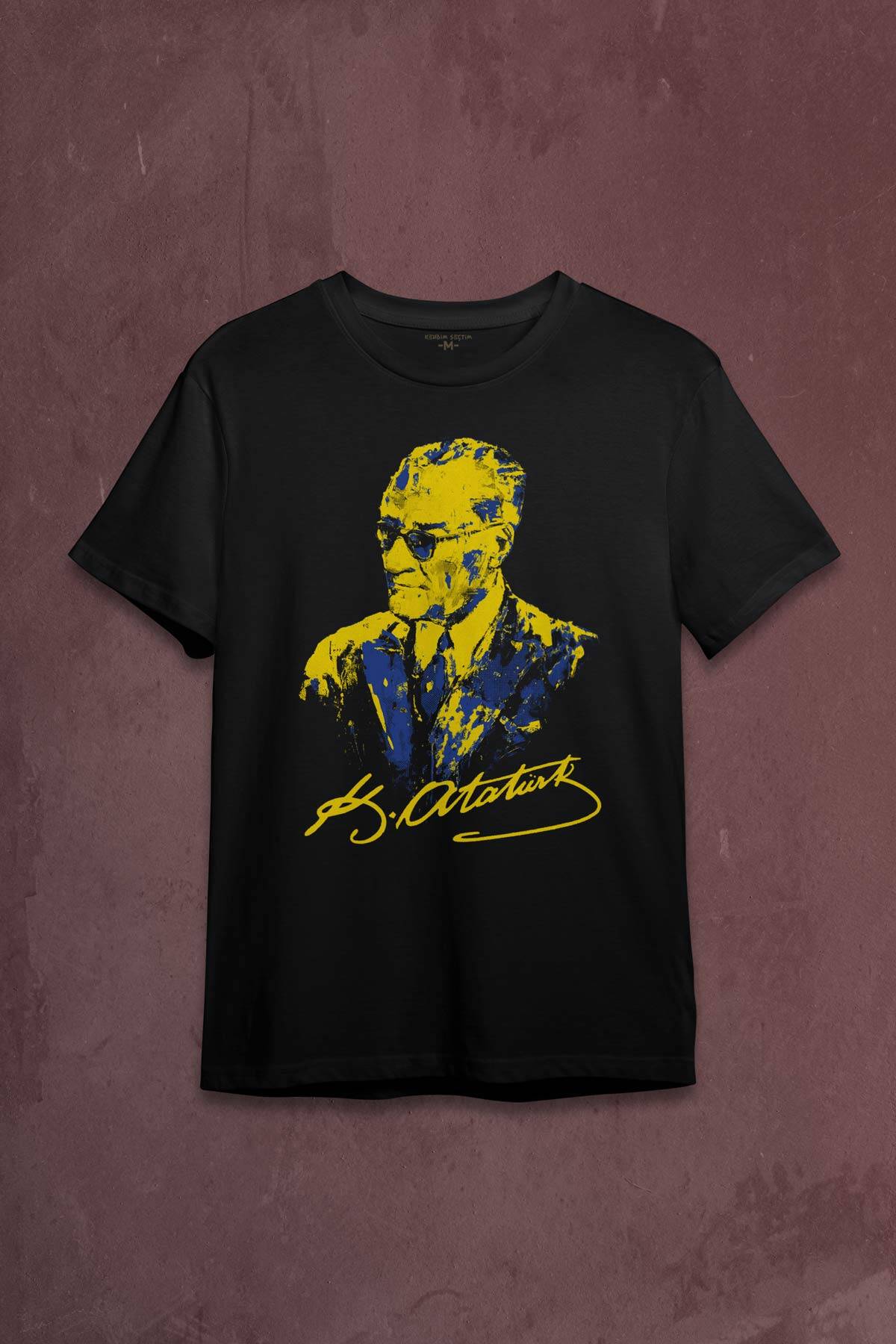Atatürk Sarı Lacivert Baskılı Tişört Unisex T-shirt - 1