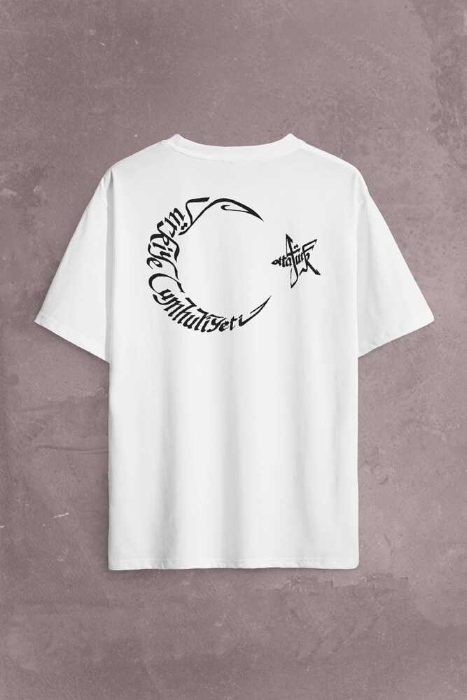 Atatürk Tc Türk Bayrağı Osmanlica Arapça Sırt Ön Baskılı Oversize Tişört Unisex T-Shirt (1)