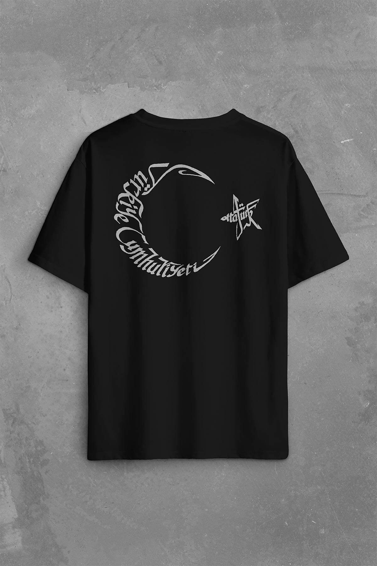Atatürk Tc Türk Bayrağı Osmanlica Arapça Sırt Ön Baskılı Oversize Tişört Unisex T-Shirt (1)