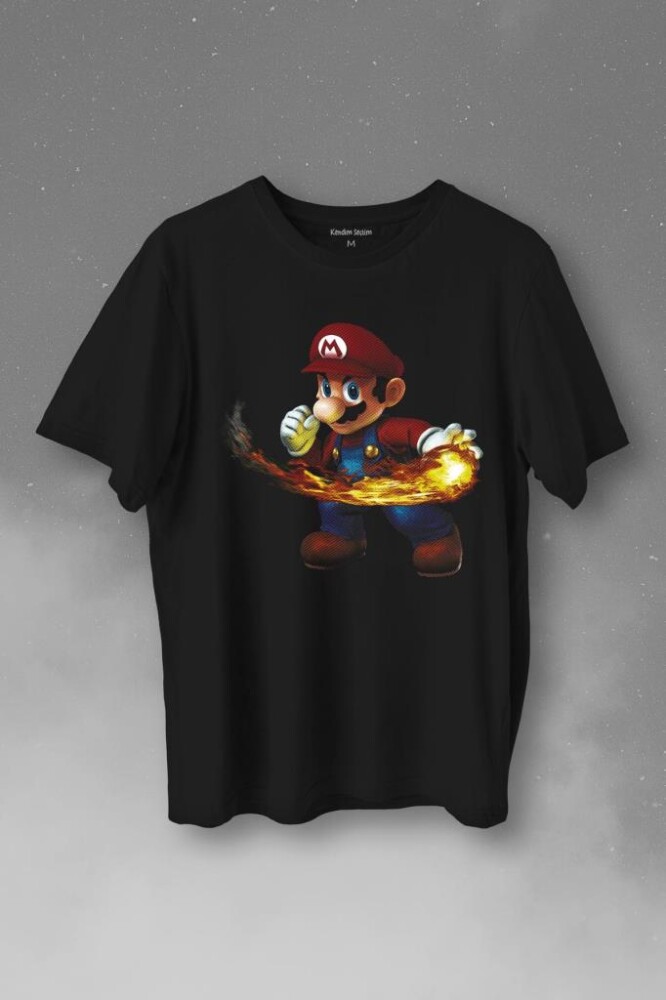 Ateş Çıkaran Super Mario Smash Bros Oyun Baskılı Tişört Unisex T-Shirt - KENDİM SEÇTİM