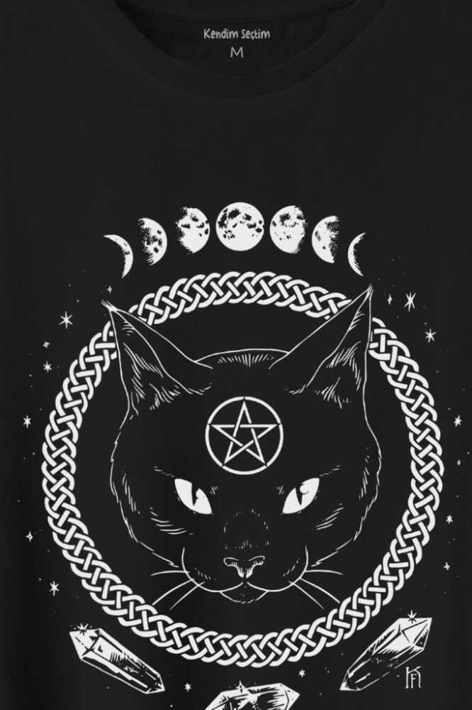 Ay Evreleri Moon Black Cat Siyah Kedi Baskılı Tişört Unisex T-Shirt - 2