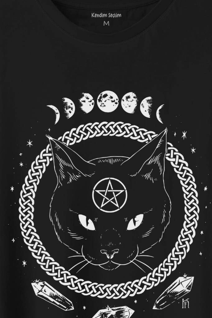 Ay Evreleri Moon Black Cat Siyah Kedi Baskılı Tişört Unisex T-Shirt (1)