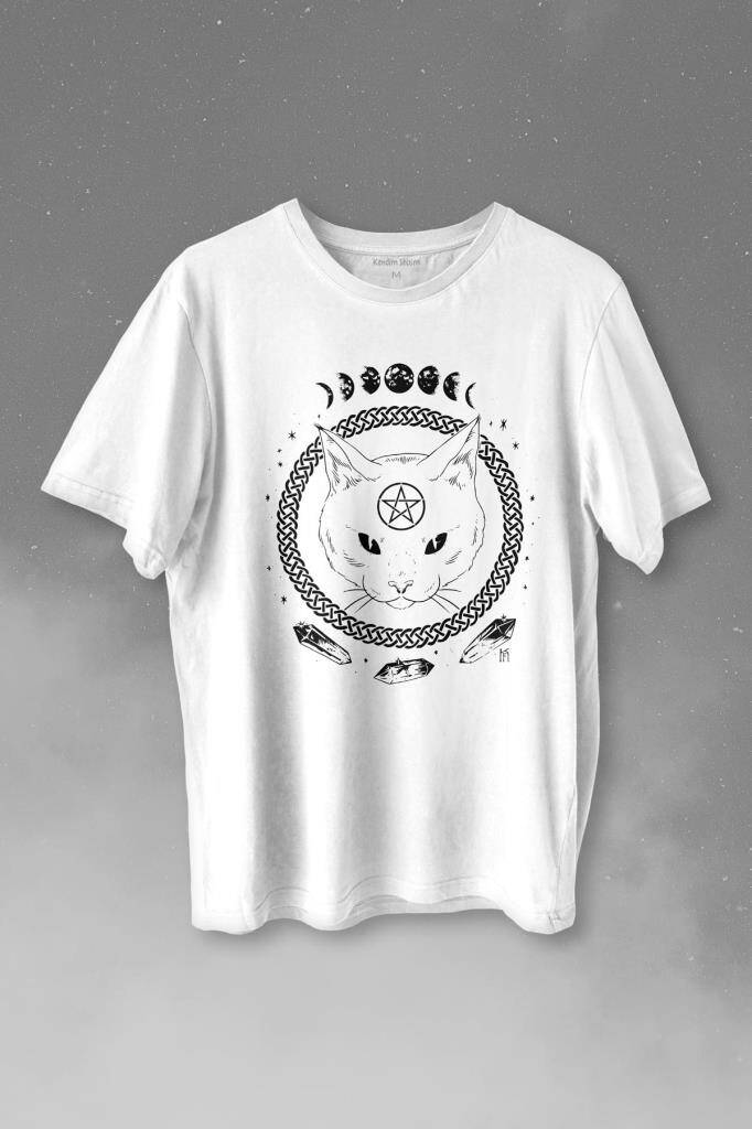 Ay Evreleri Moon Black Cat Siyah Kedi Baskılı Tişört Unisex T-shirt