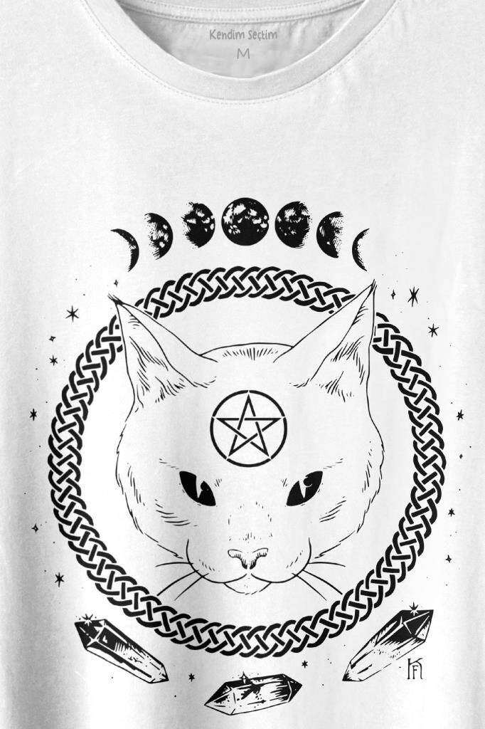 Ay Evreleri Moon Black Cat Siyah Kedi Baskılı Tişört Unisex T-shirt (1)
