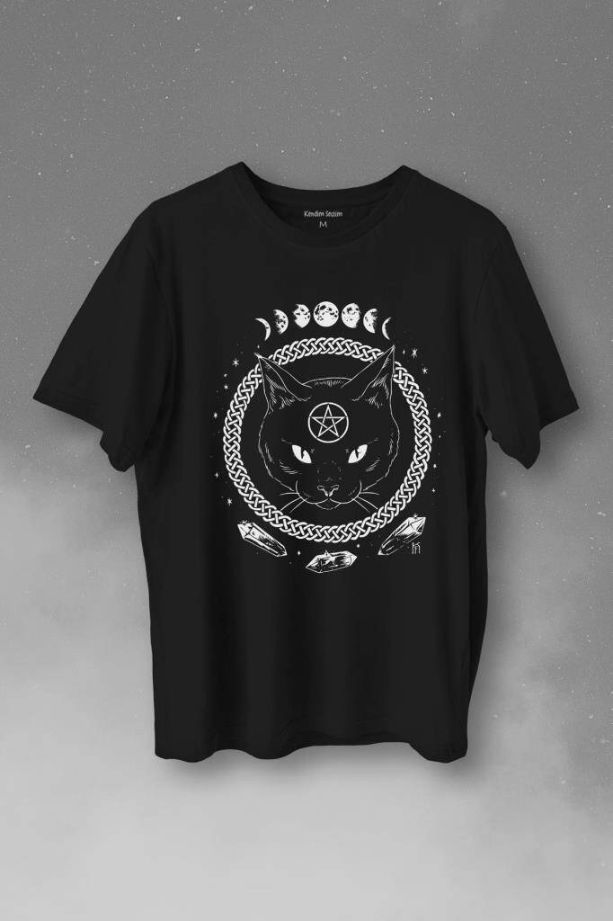 Ay Evreleri Moon Black Cat Siyah Kedi Baskılı Tişört Unisex T-Shirt - 1