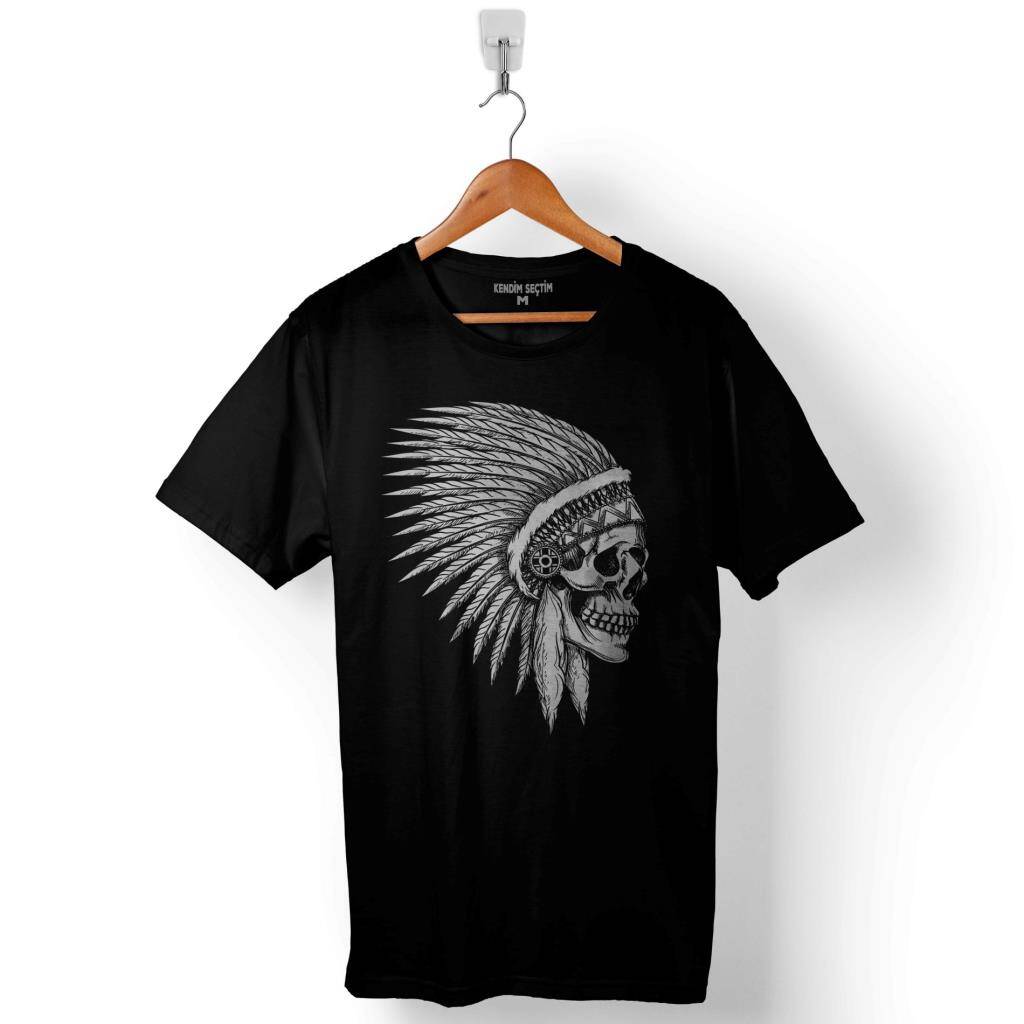 Aztec Skull Drawings Kuru Kafa Kızıl Derili Yerli Baskılı Tişört Unisex T-Shirt - 1