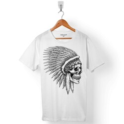AZTEC SKULL DRAWINGS KURU KAFA KIZIL DERİLİ YERLİ ERKEK TİŞÖRT - 1