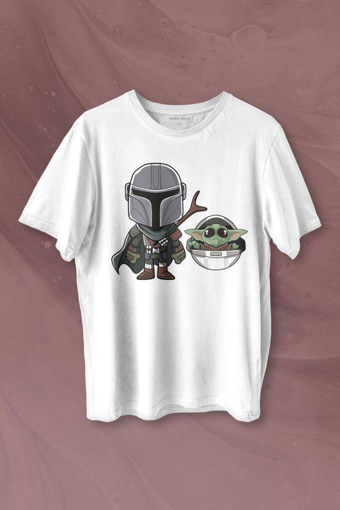 Baby Yoda Mando Figür The Mandalorian Bebek Yoda Star Wars Baskılı Tişört Unisex T-shirt - 1