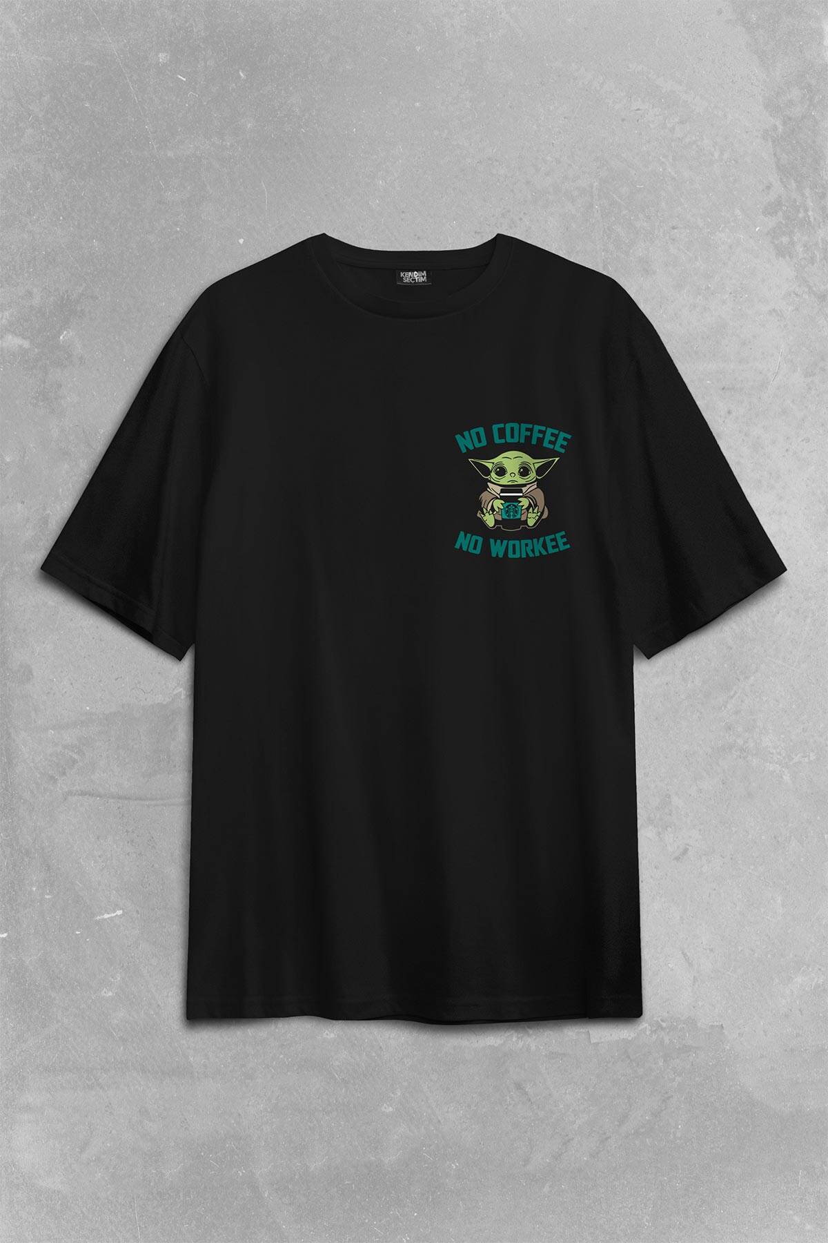 Baby Yoda No Coffee No Workee Star Mandalorian Kahve Sırt Ön Baskılı Oversize Tişört Unisex T-Shirt - 2
