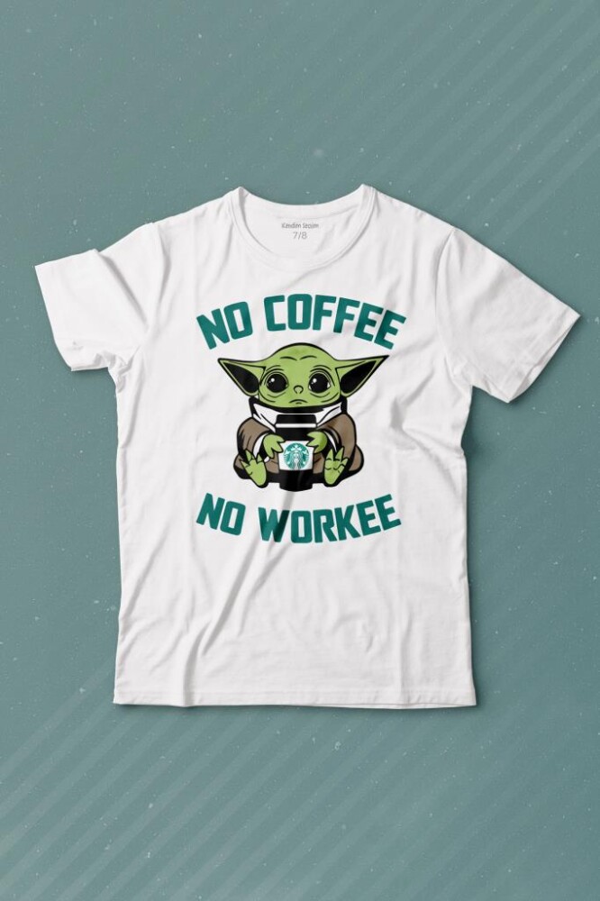 Baby Yoda No Starbucks Coffee No Workee Star Wars Mandalorian Kahve Baskılı Tişört Çocuk T-shirt - 1