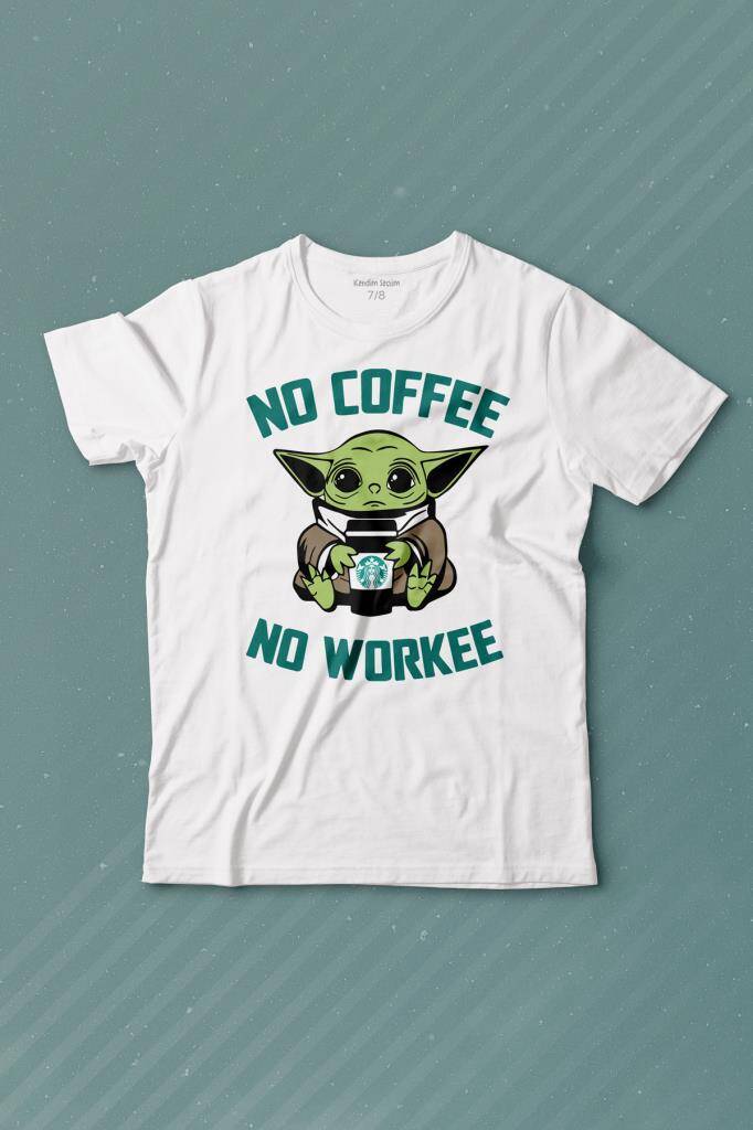 Baby Yoda No Starbucks Coffee No Workee Star Wars Mandalorian Kahve Baskılı Tişört Çocuk T-shirt - 1