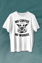 Baby Yoda No Starbucks Coffee No Workee Star Wars Mandalorian Kahve Baskılı Tişört Unisex T-shirt - 1
