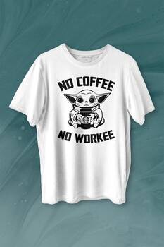 Baby Yoda No Starbucks Coffee No Workee Star Wars Mandalorian Kahve Baskılı Tişört Unisex T-shirt - 1