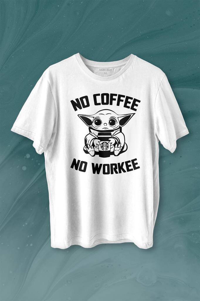 Baby Yoda No Starbucks Coffee No Workee Star Wars Mandalorian Kahve Baskılı Tişört Unisex T-shirt - 1