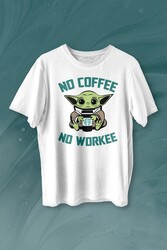 Baby Yoda No Starbucks Coffee No Workee Star Wars Mandalorian Kahve Baskılı Tişört Unisex T-shirt - 1