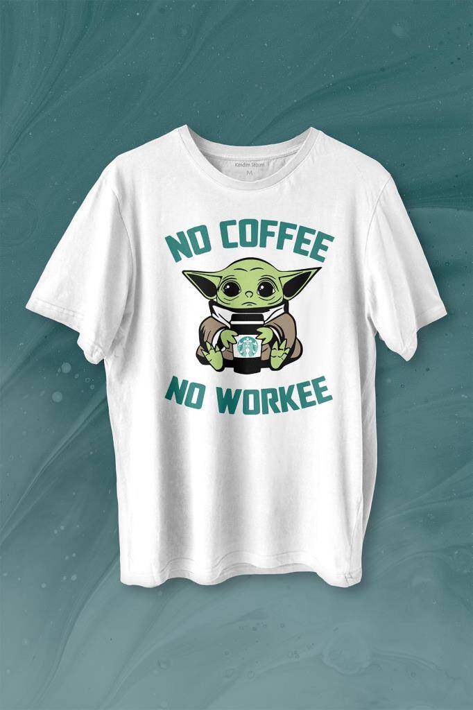 Baby Yoda No Starbucks Coffee No Workee Star Wars Mandalorian Kahve Baskılı Tişört Unisex T-shirt - 1