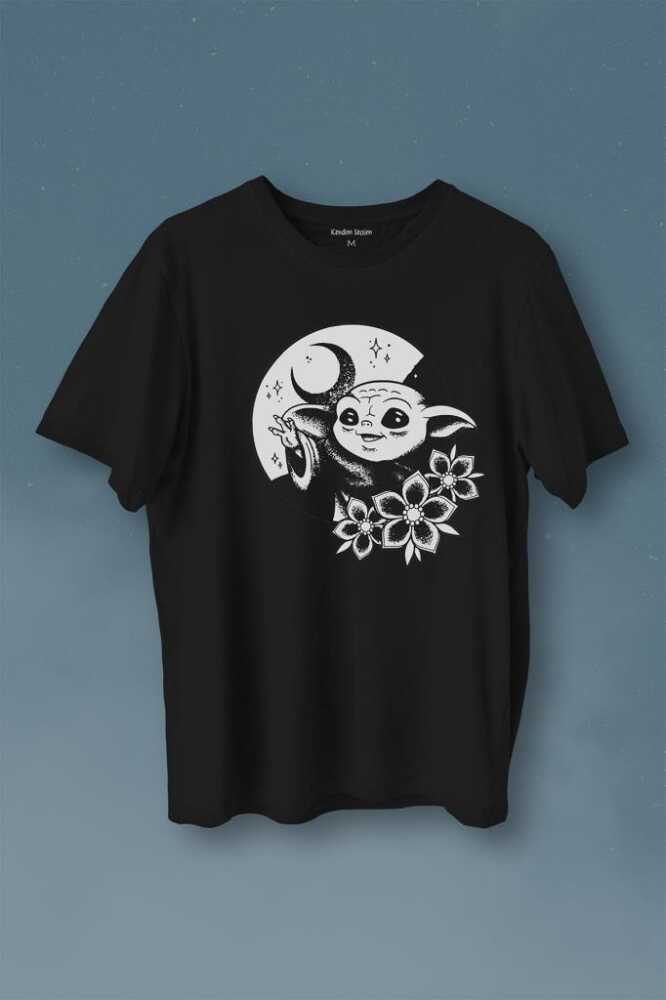 Baby Yoda Star Wars Mandalorian Ay Hilal Silüeti Baskılı Tişört Unisex T-Shirt - 1