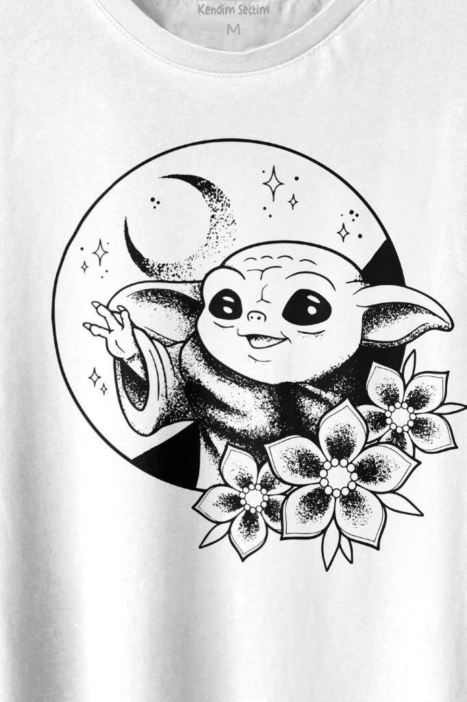 Baby Yoda Star Wars Mandalorian Ay Hilal Silüeti Baskılı Tişört Unisex T-shirt (1)